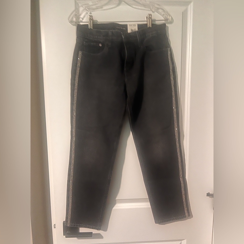 NWT 2 26 Lucky Brand Black Gray Slim Boyfriend Mid Rise Jeans w/ Sequined Stripe